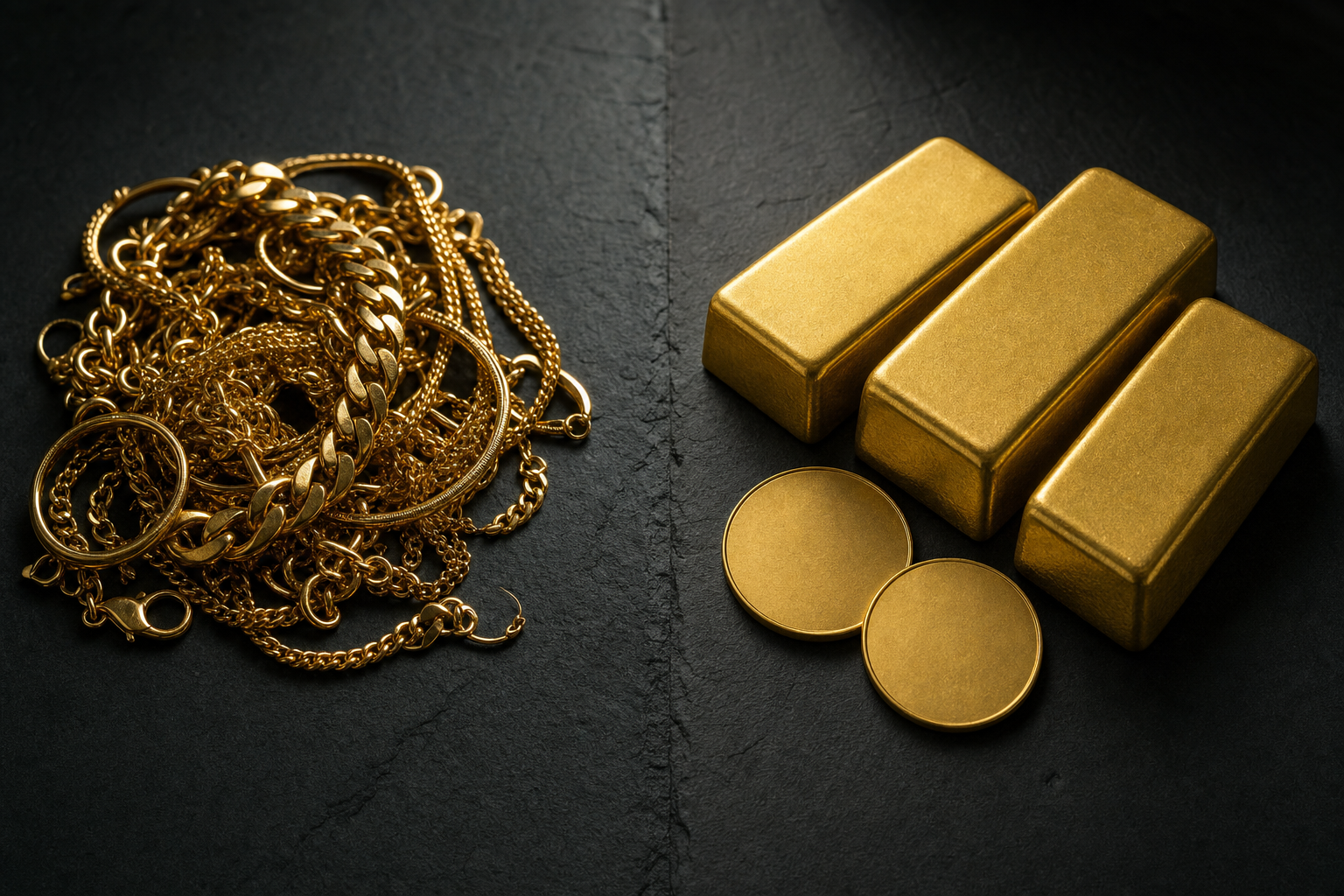 Vergleich von Goldschmuck und neutralen Goldbarren und Goldmünzen auf dunklem Untergrund