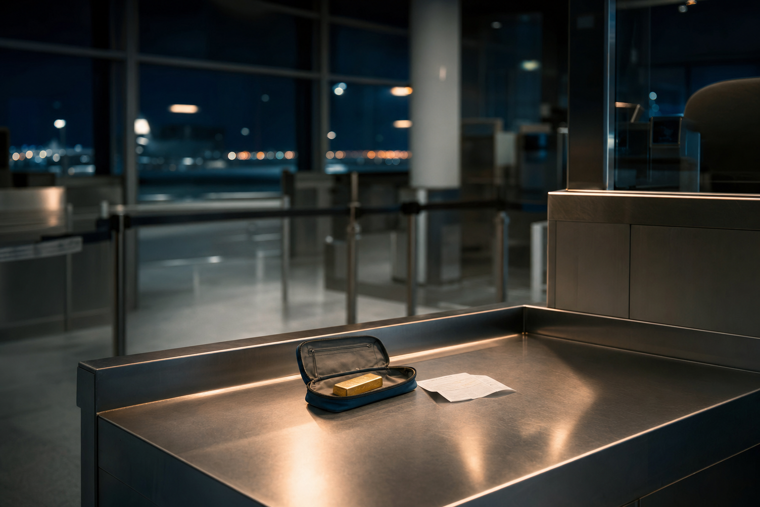 Zollschalter am Flughafen mit Goldbarren und Kaufbeleg auf dem Kontrolltisch