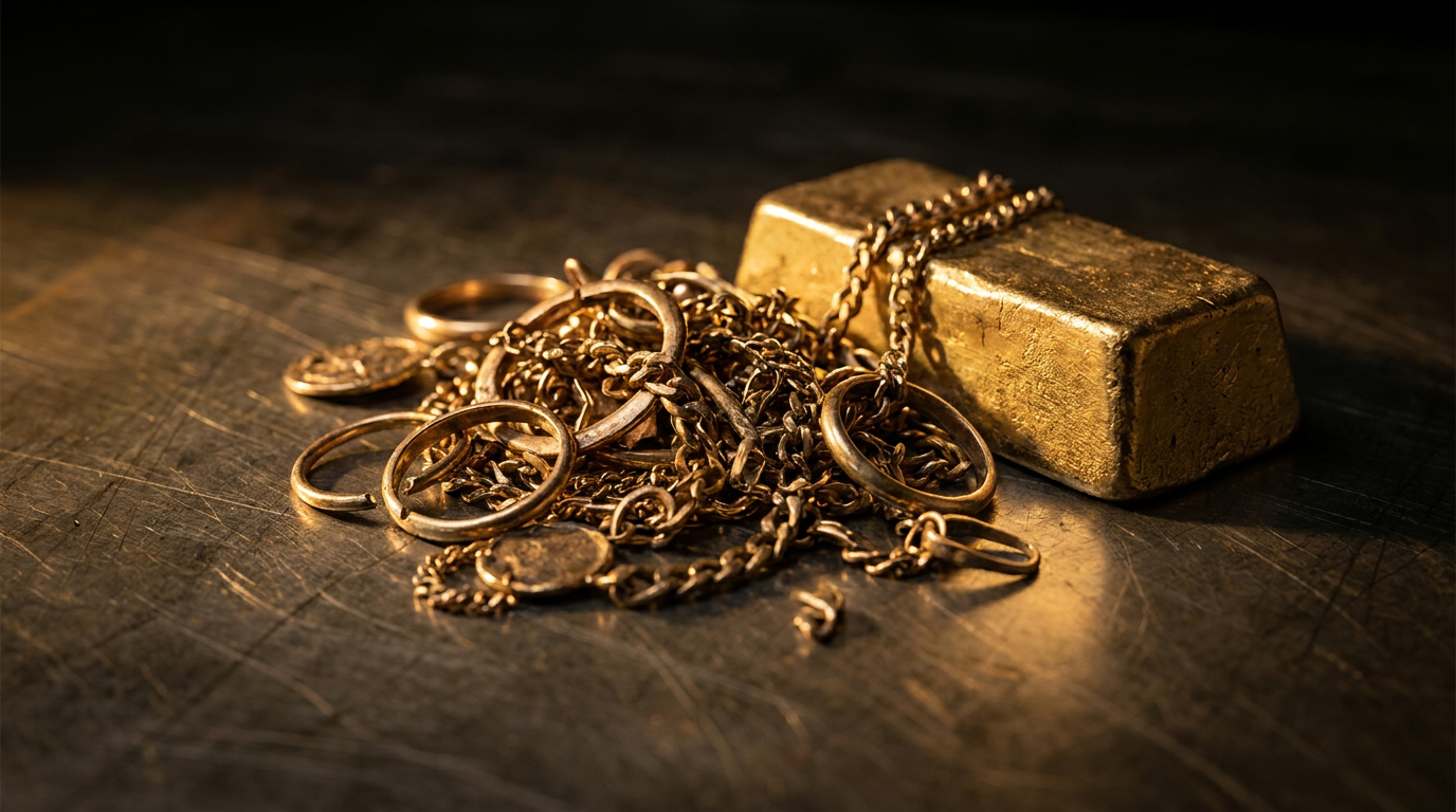 Altgoldschmuck aus zerbrochenen Ketten und Ringen neben einem frisch gegossenen Goldbarren
