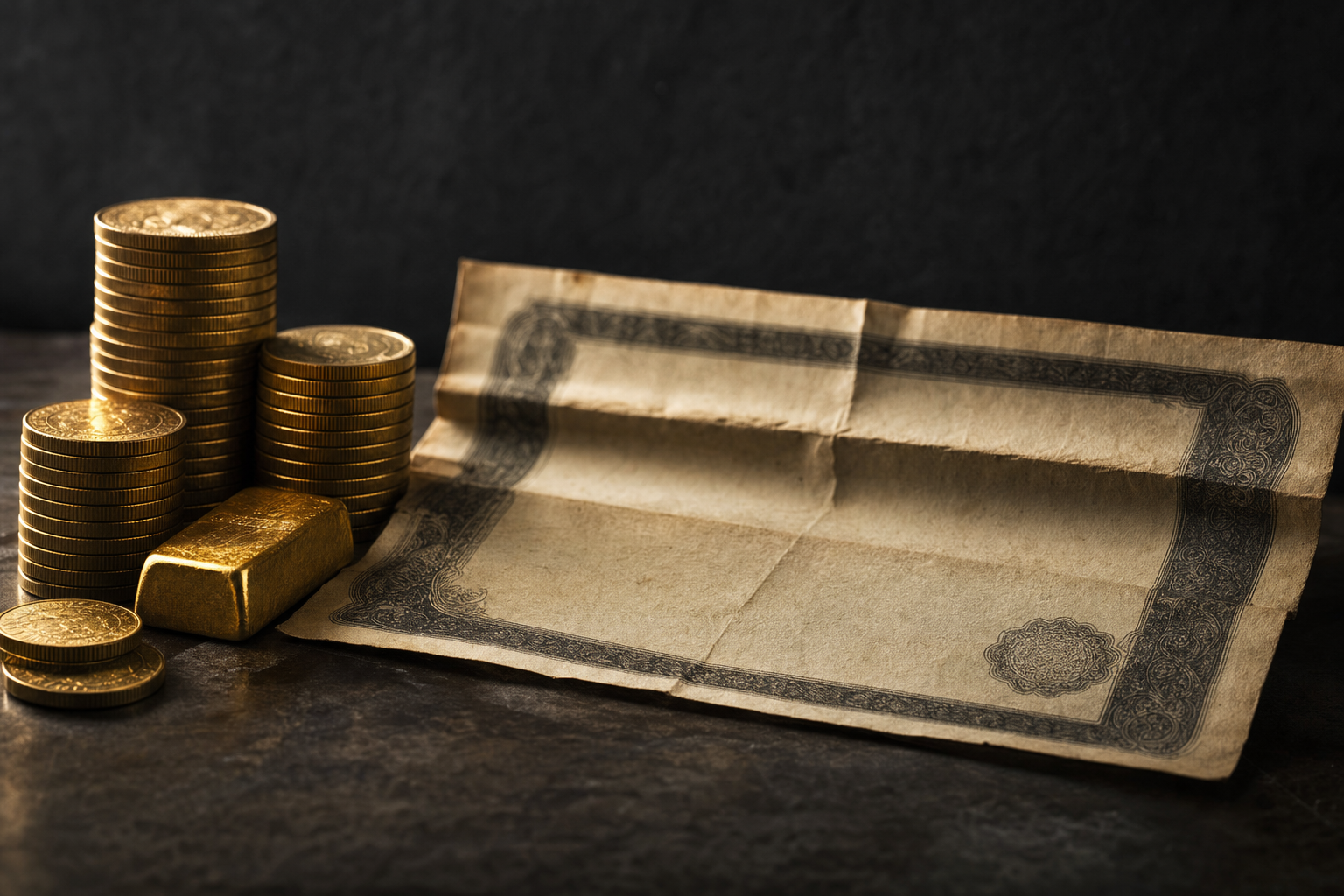 Goldmünzen und ein Goldbarren neben einem alten Anleihedokument im Seitenlicht