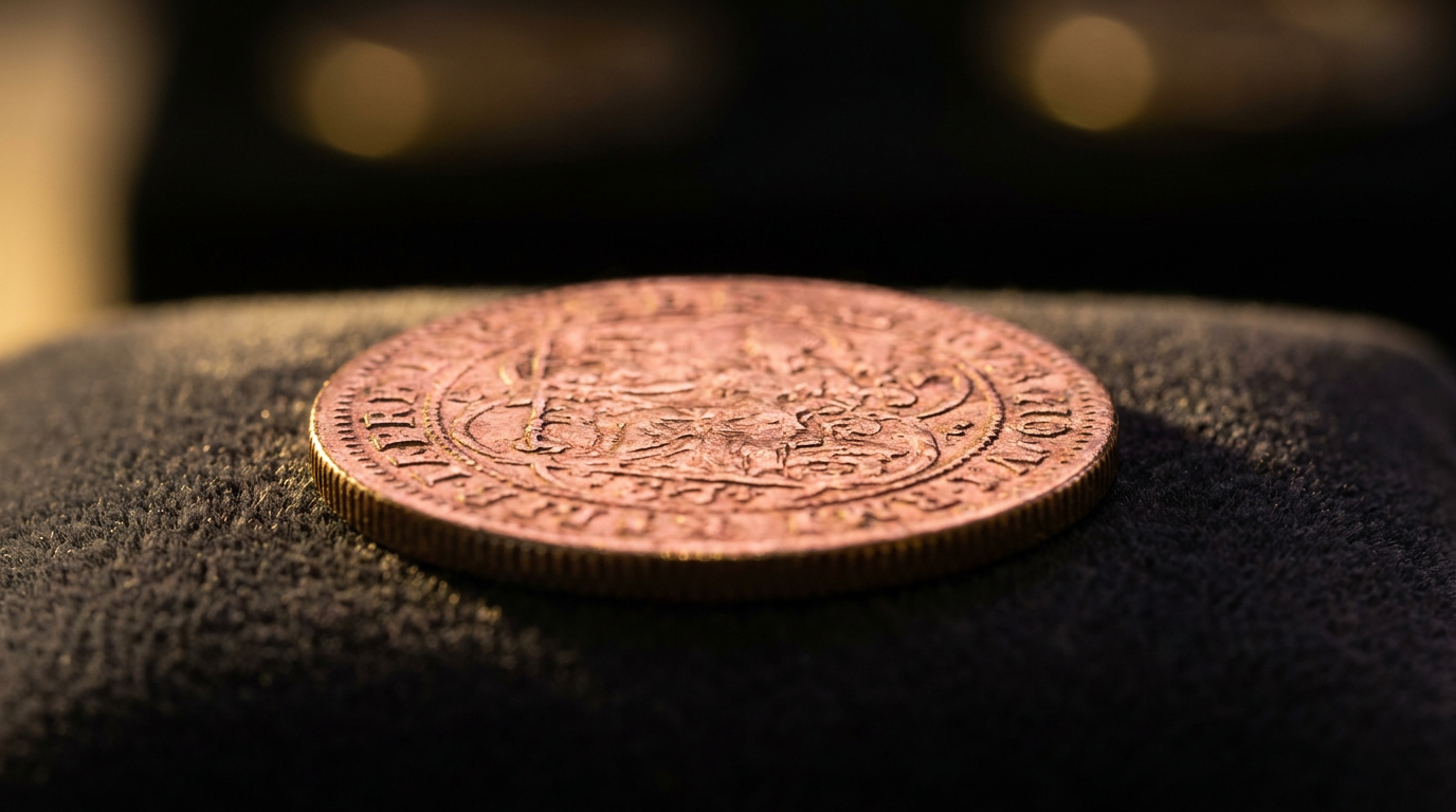 Historische Goldmünze mit rötlichem Goldton auf dunklem Samt