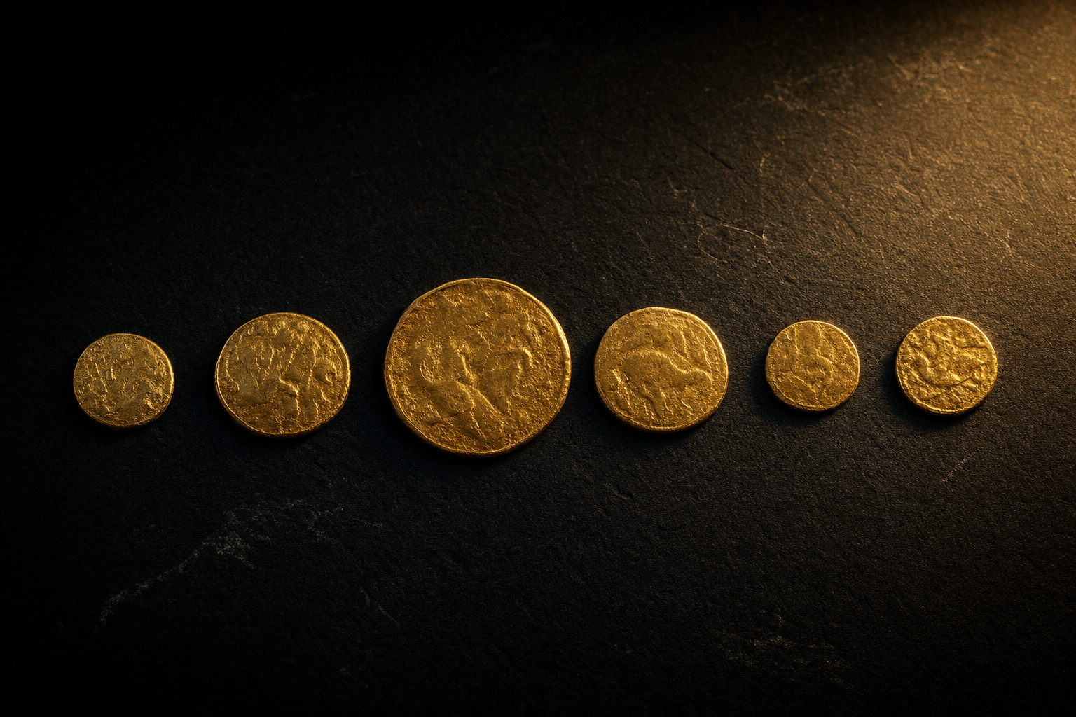 Mehrere historische Goldmünzen unterschiedlicher Größe nebeneinander