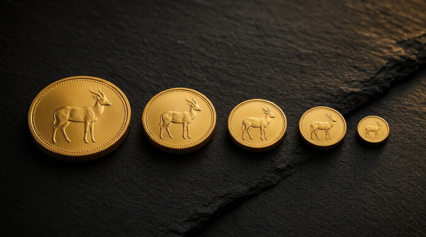 Goldmünzen einer Serie mit identischem Tierrelief in absteigender Größe von einer Unze bis zur Zehntelunze