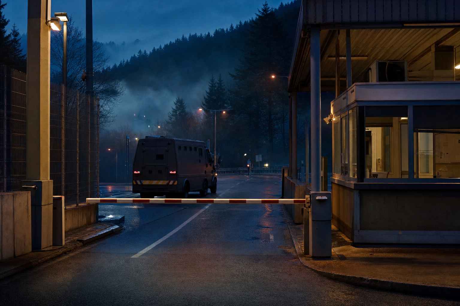 Grenzübergang in der Dämmerung mit Zollhäuschen und wartendem Werttransporter