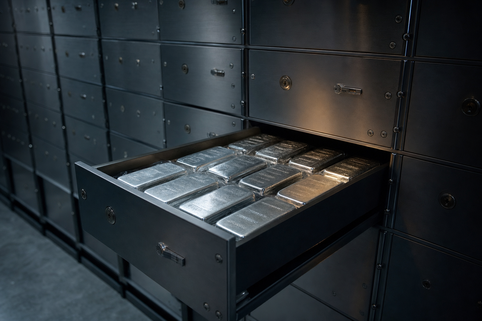 Nummerierte Depotfächer in einem Hochsicherheitslager mit versiegelten Edelmetallbarren
