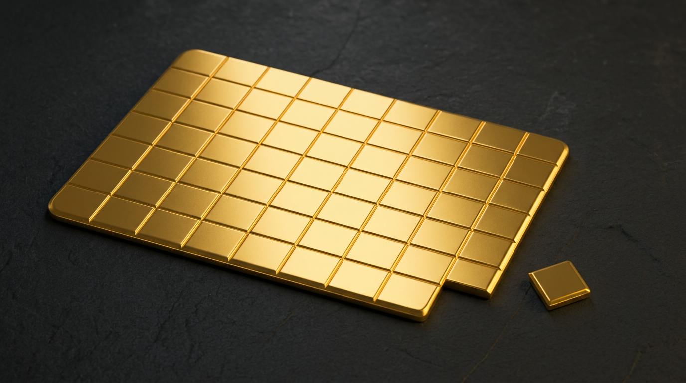 Gold-Tafelbarren mit vielen kleinen abtrennbaren Gramm-Einheiten, ein Plättchen liegt separat daneben