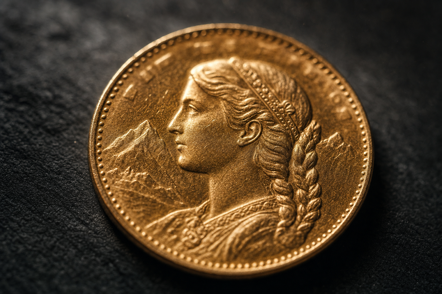 Makroaufnahme einer kleinen Goldmünze im Stil historischer Umlaufprägungen