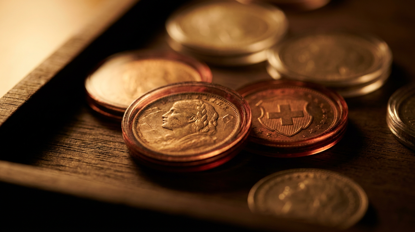 Goldmünzen in Kapseln auf einem dunklen Sammlertablett