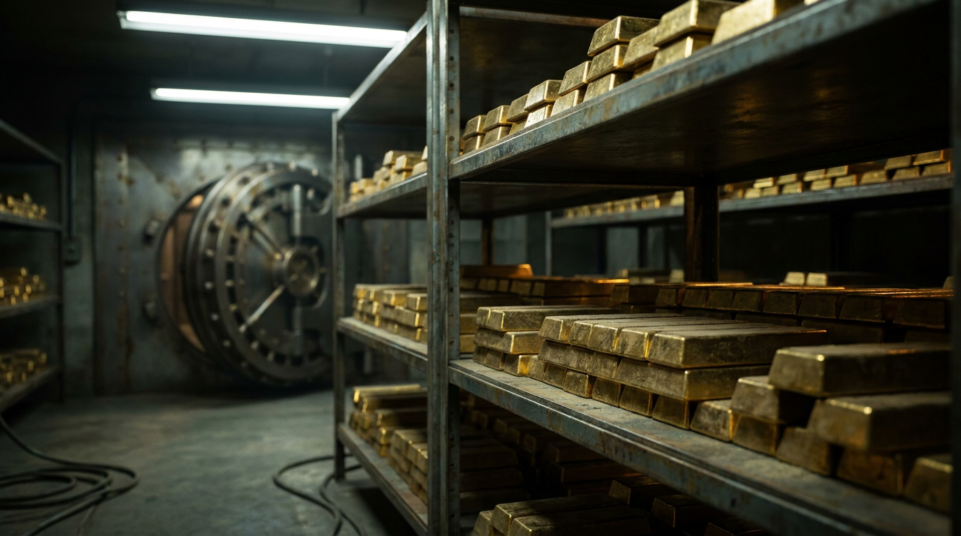 Gestapelte Goldbarren auf Stahlregalen in einem Hochsicherheitstresor
