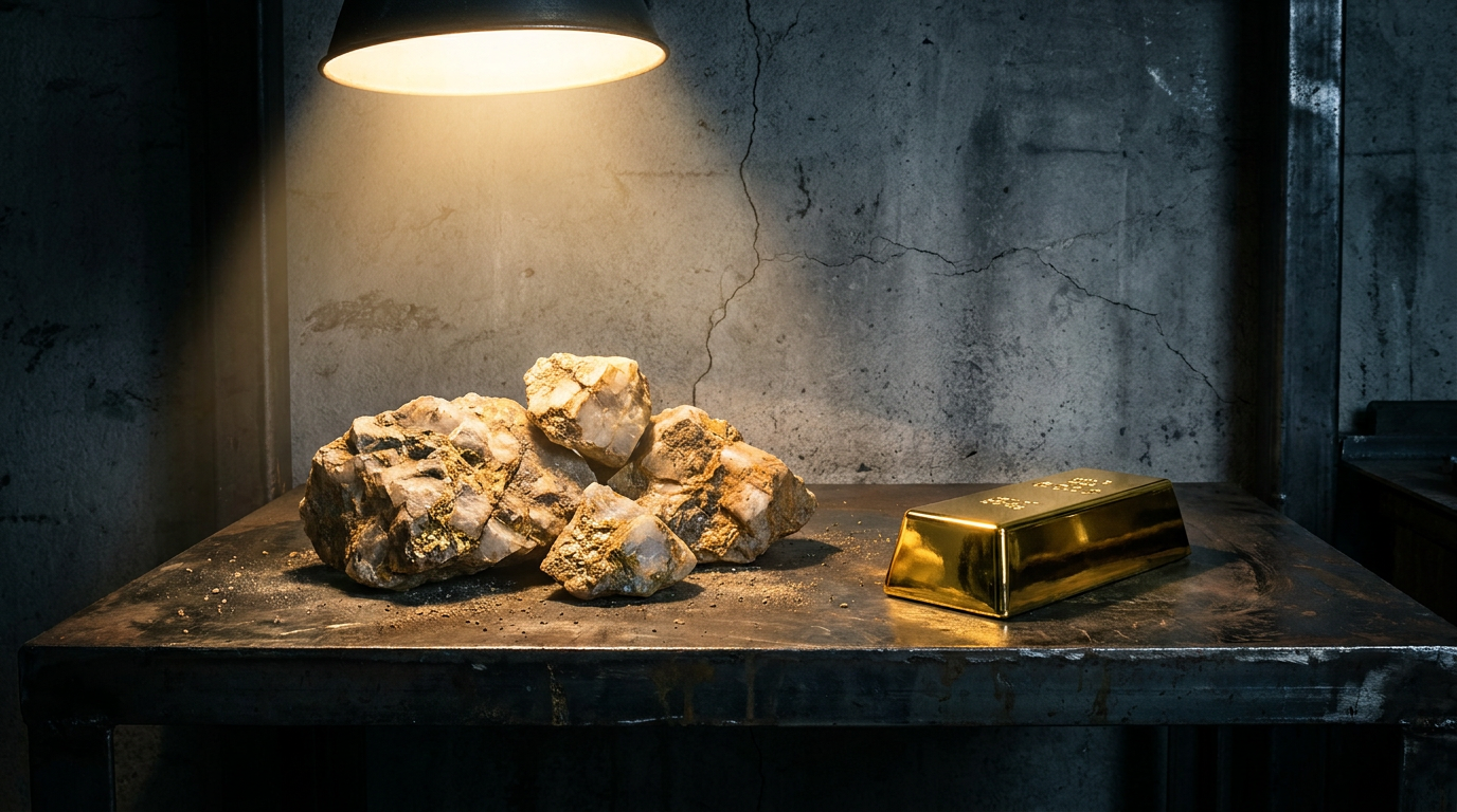 Rohes goldhaltiges Quarzgestein neben einem polierten Goldbarren unter warmem Spotlight