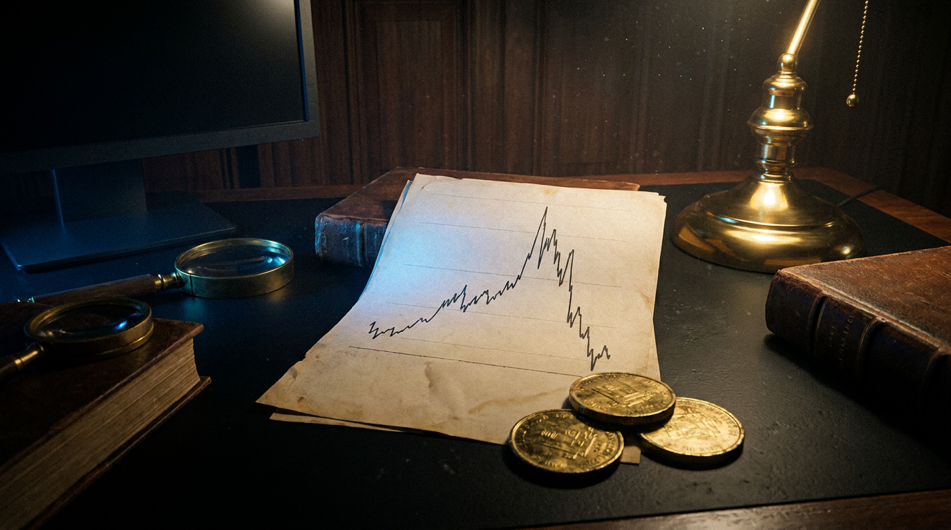 Ausgedruckter Kursverlauf mit steilem Anstieg und anschließender Korrektur, beschwert von Goldmünzen
