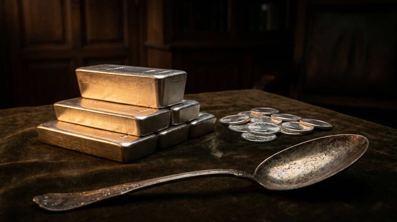 Silberbarren und Anlagemünzen neben einem alten Serviervorleger aus Silber