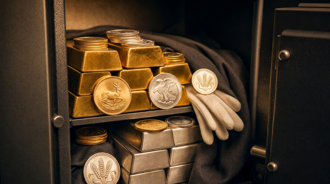 Geöffneter Tresor mit geprägten Anlagemünzen und Barren aus Gold und Silber in warmem Licht