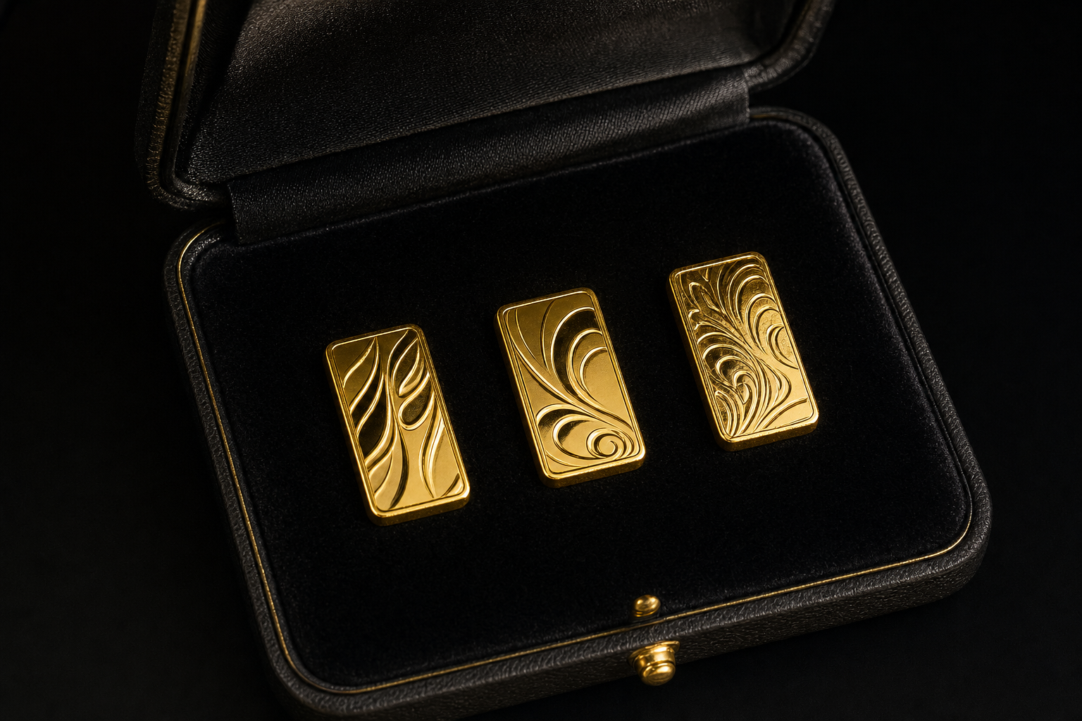 Drei winzige Gold-Münzbarren nebeneinander in einem dunklen Präsentationsetui