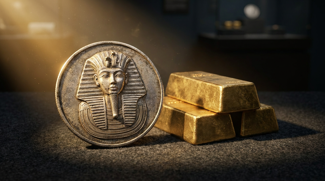 Silbermünze mit erhabenem Pharaonenmasken-Relief neben schlichten Goldbarren im dunklen Studiolicht