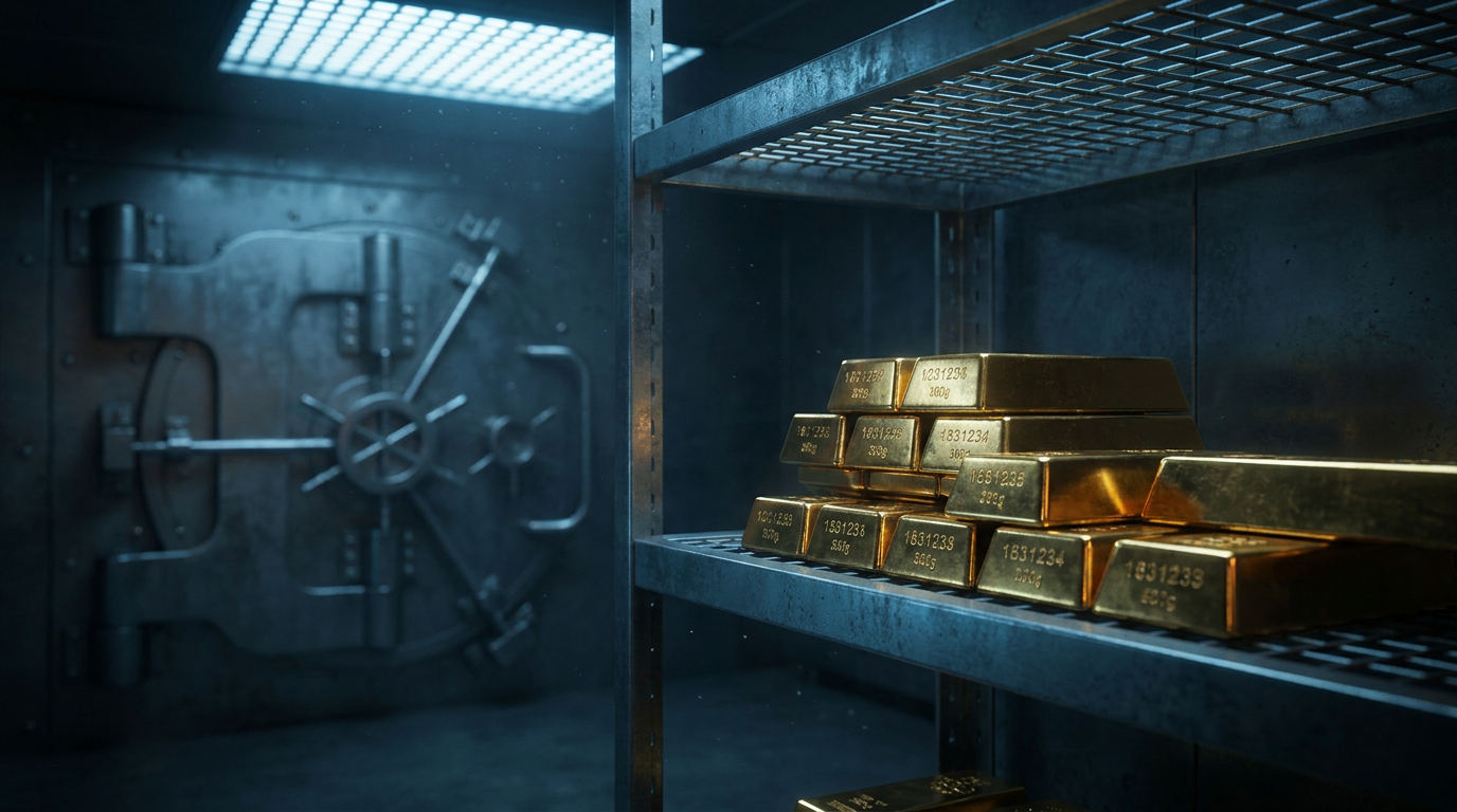 Gestapelte Goldbarren auf einem Stahlregal im Tresorraum einer Zentralbank
