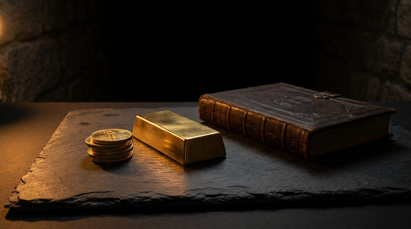Goldmünzen und ein Goldbarren auf dunklem Schiefer im warmen Streiflicht