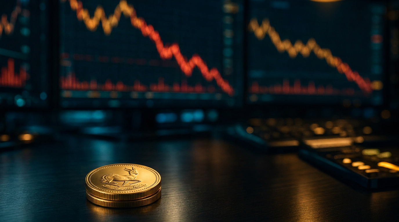 Geprägte Goldmünze im Vordergrund vor unscharfen, fallenden Kursverläufen auf Handelsbildschirmen