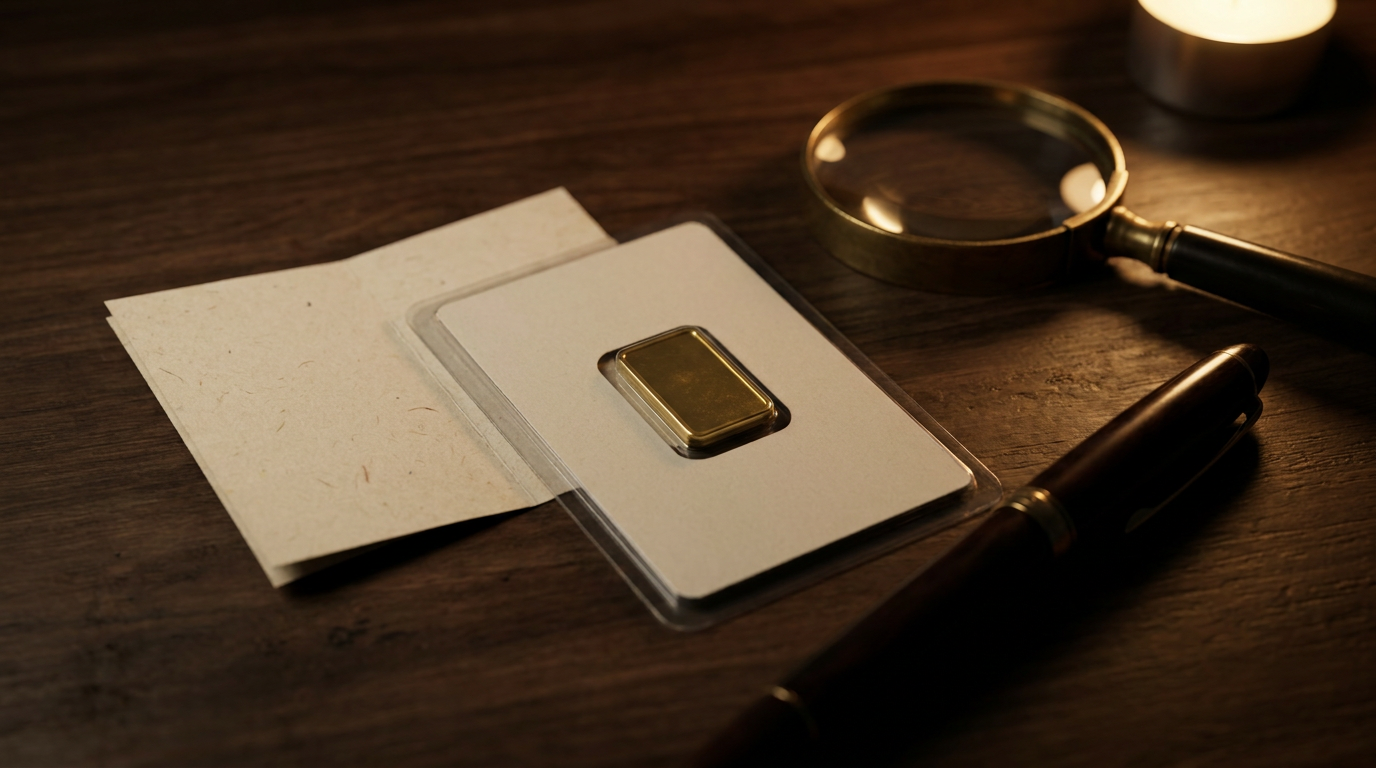 Eingeschweißter Goldbarren mit Zertifikat, Lupe und Füllfederhalter auf dunklem Schreibtisch