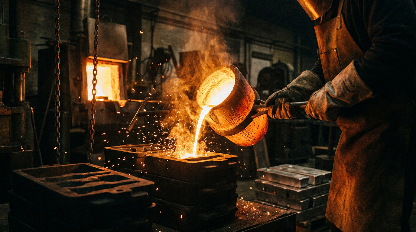 Flüssiges Gold wird aus einem Tiegel in eine Barrenform gegossen