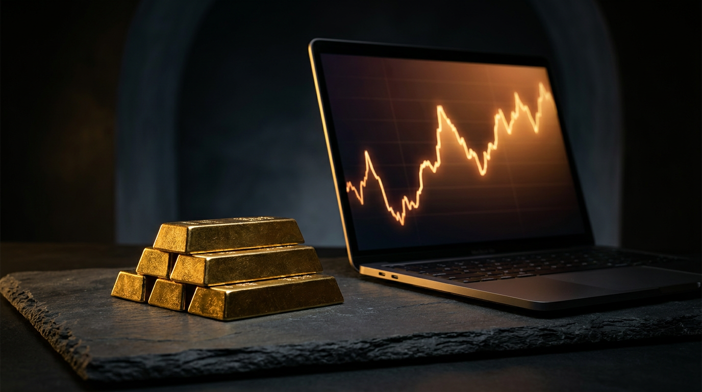 Goldbarren auf einem dunklen Schreibtisch neben einem Laptop mit angedeutetem Kursverlauf