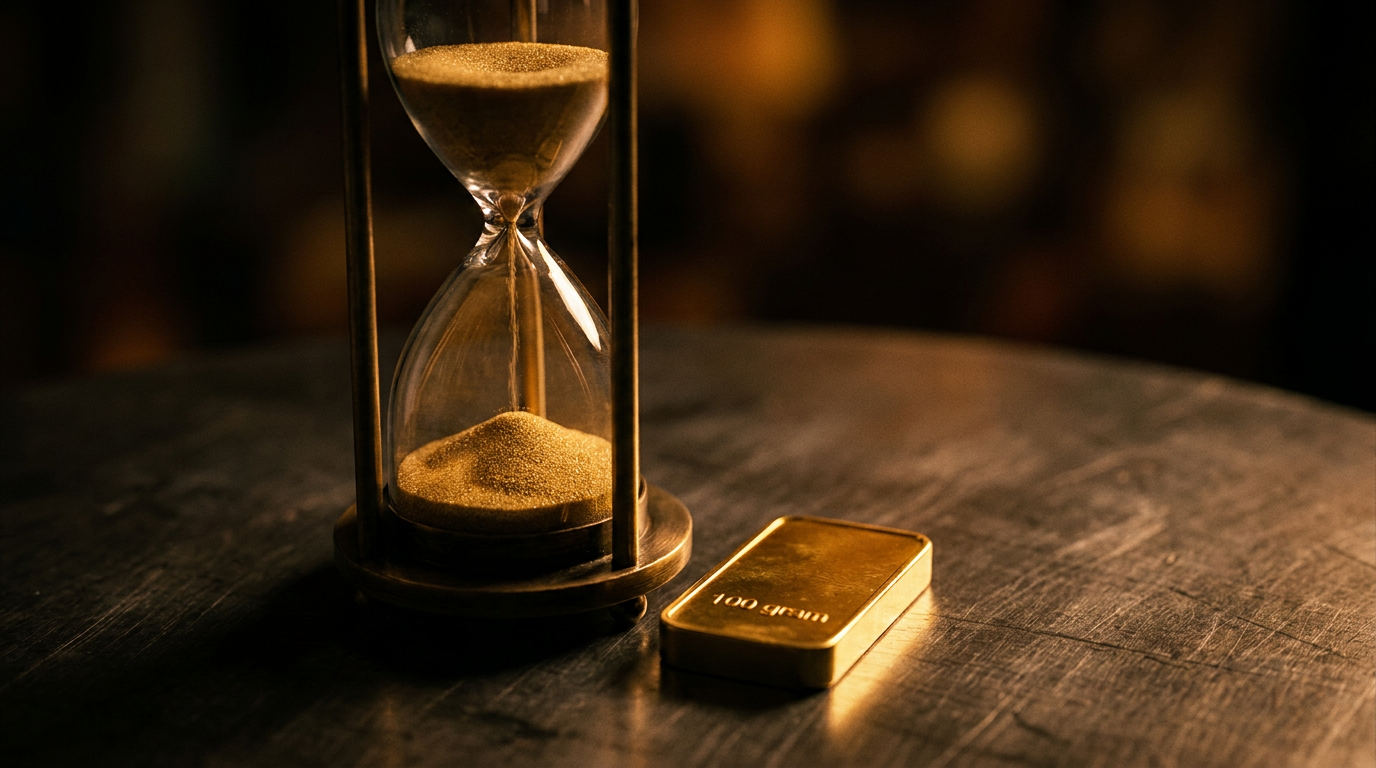 Sanduhr mit goldenem Sand neben einem Goldbarren auf einer dunklen Metalloberfläche