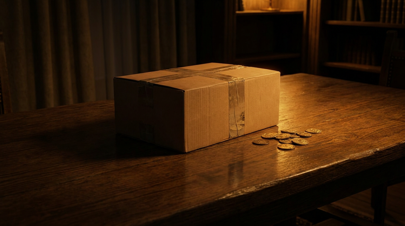 Neutral verpacktes, versiegeltes Paket mit Sicherheitsklebeband neben Goldmünzen auf dunklem Holz