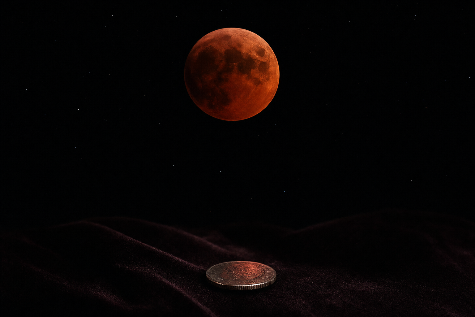 Kupferrot verfärbter Vollmond während einer totalen Mondfinsternis über einer dunklen Silbermünze
