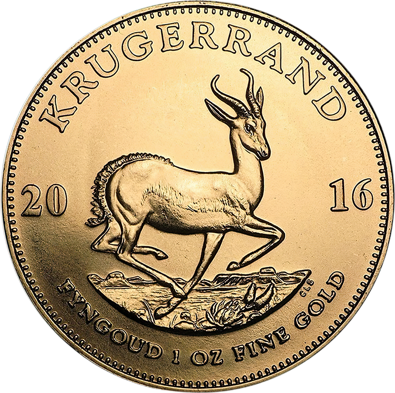 Goldmünze Krügerrand zu einer Unze, Vorder- und Rückseite