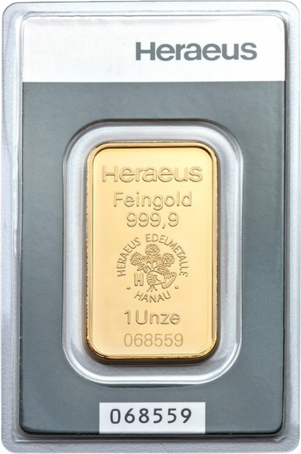 Geprägter 1-Unze-Goldbarren von Heraeus mit Feingehaltsangabe 999,9