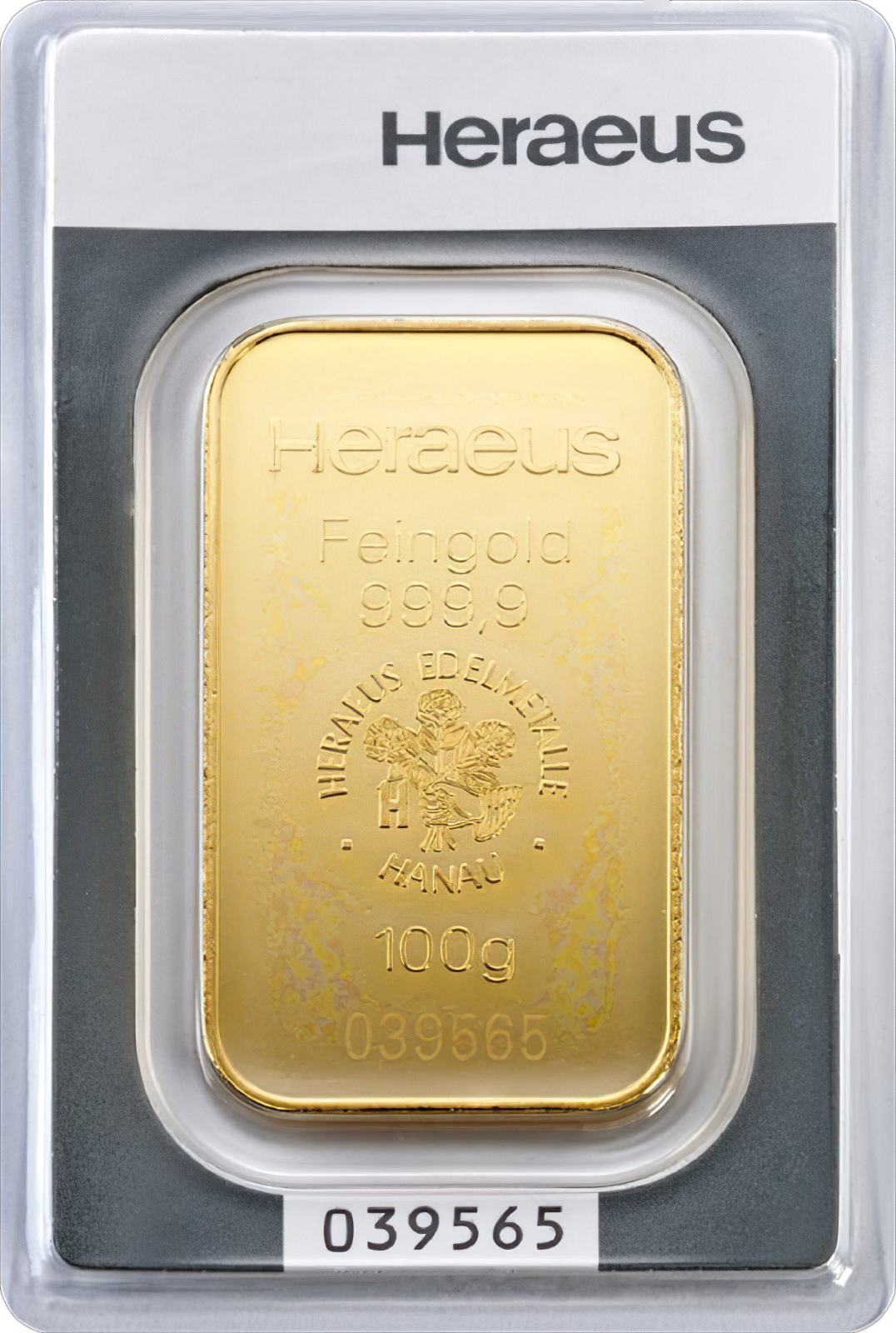 Geprägter 100-Gramm-Goldbarren von Heraeus in versiegelter Blisterkarte