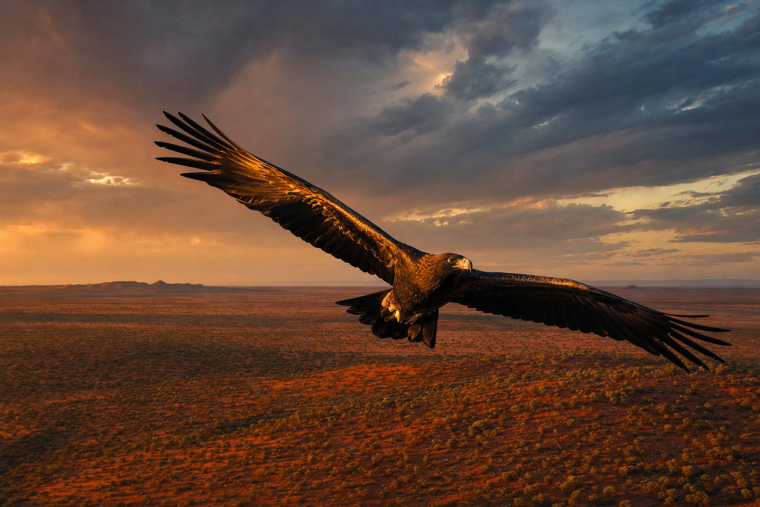 Keilschwanzadler kreist im Abendlicht über der roten Weite des australischen Outbacks