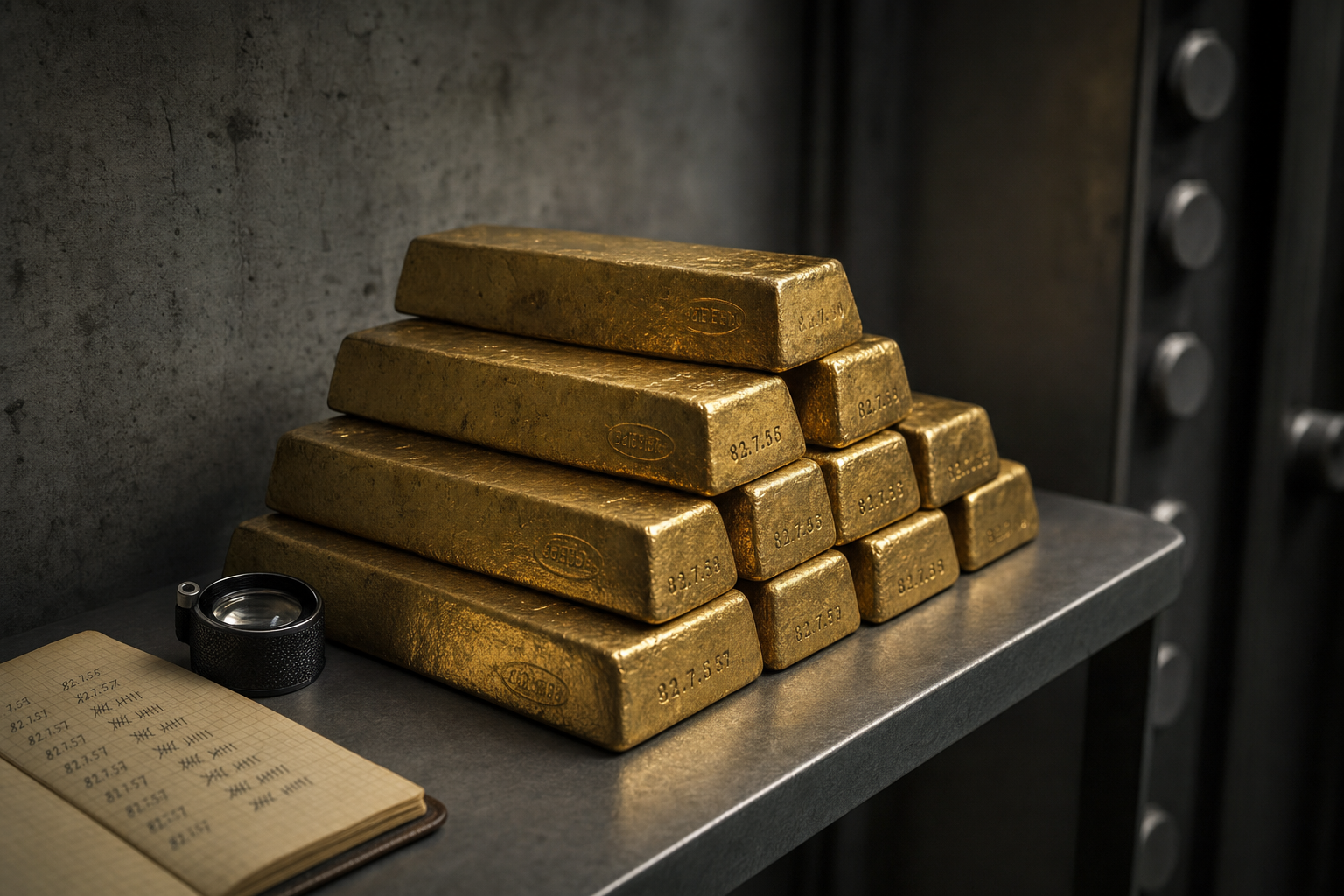 Gestapelte Goldbarren in einem Tresorregal, daneben eine Lupe und ein Notizbuch