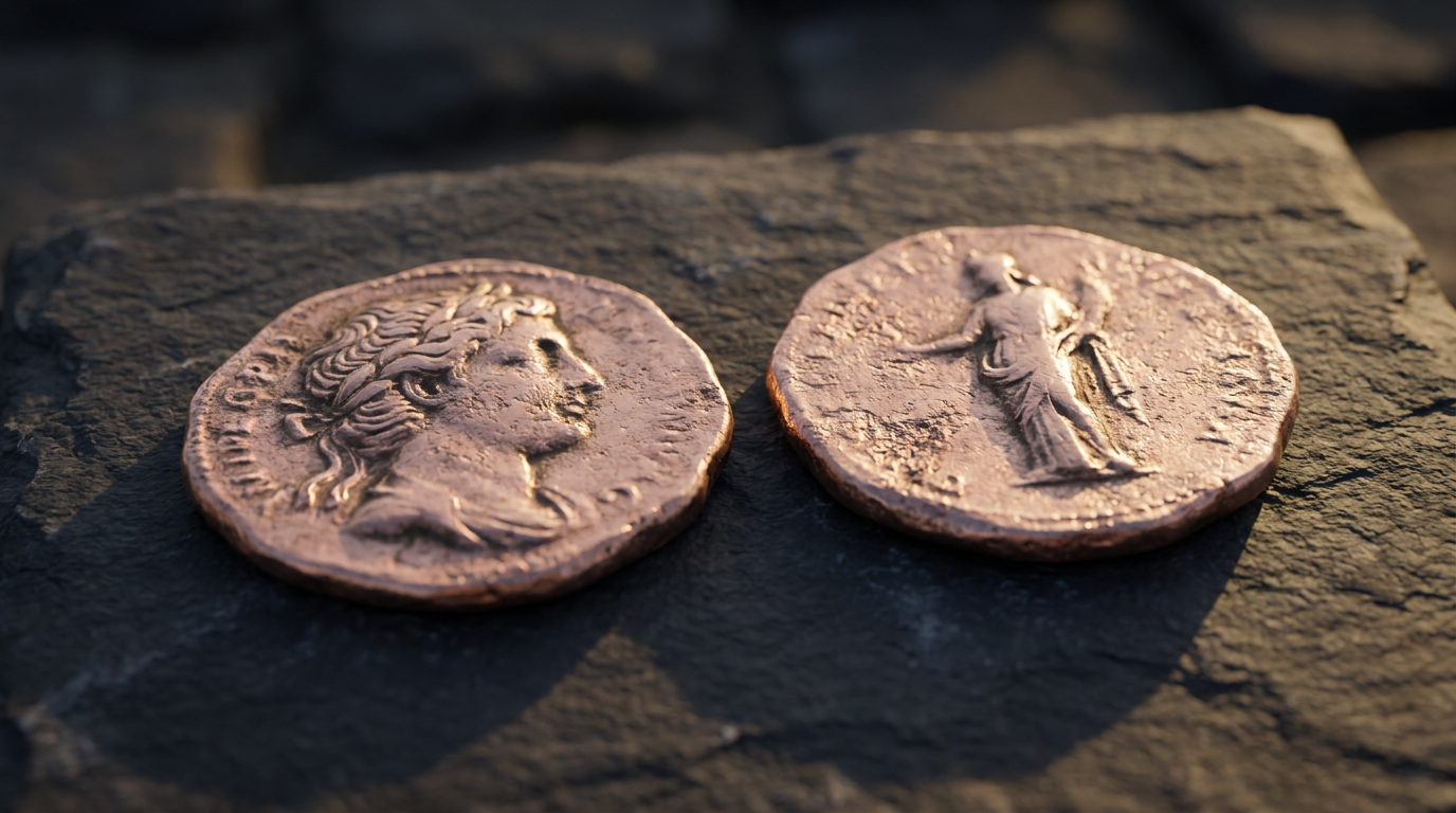 Zwei antike Goldmünzen nebeneinander auf dunklem Schiefer, eine mit Profilmotiv, eine mit stehender Figur