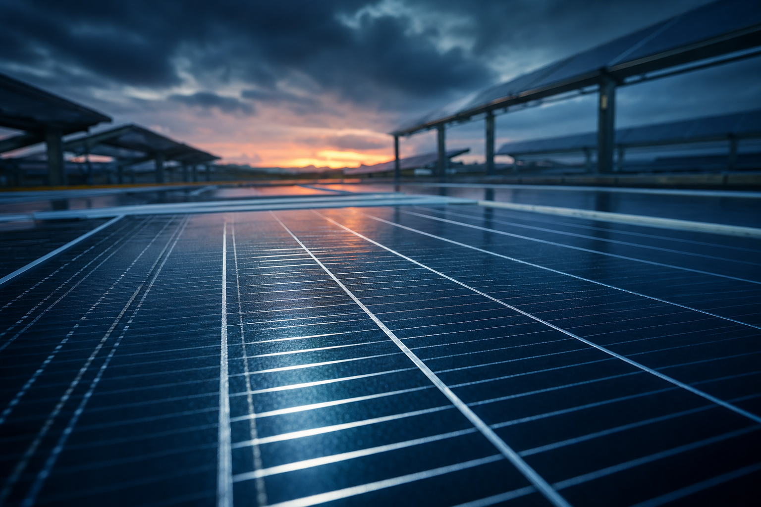 Photovoltaik-Module in der Dämmerung mit feinen silberhaltigen Leiterbahnen auf der Zelloberfläche