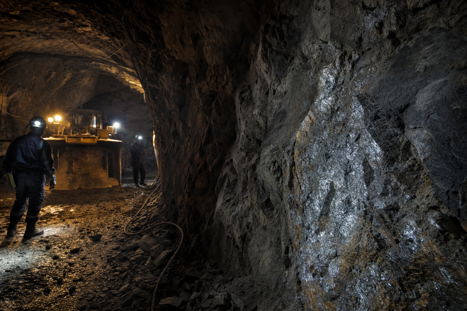 Dunkler Minenstollen mit silbrig schimmernder Erzader im Gestein