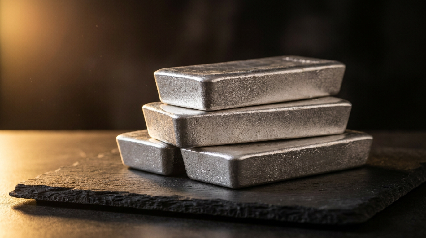 Drei gestapelte 1-kg-Silberbarren auf dunklem Schiefer im Studiolicht