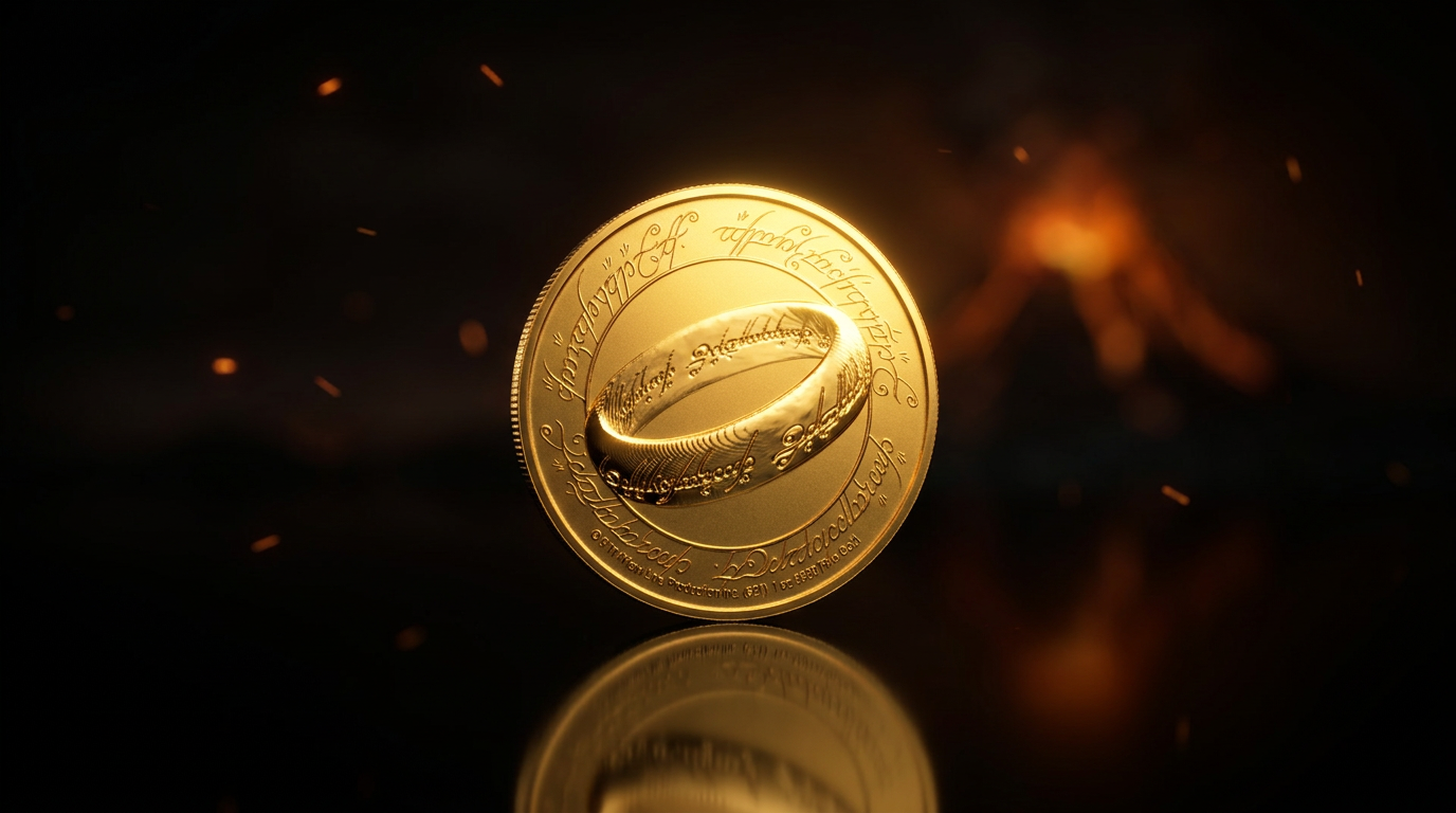 Goldmünze Der eine Ring – Herr der Ringe 2021 mit Auflage 200 auf schwarzem Obsidian im warmen Spotlicht