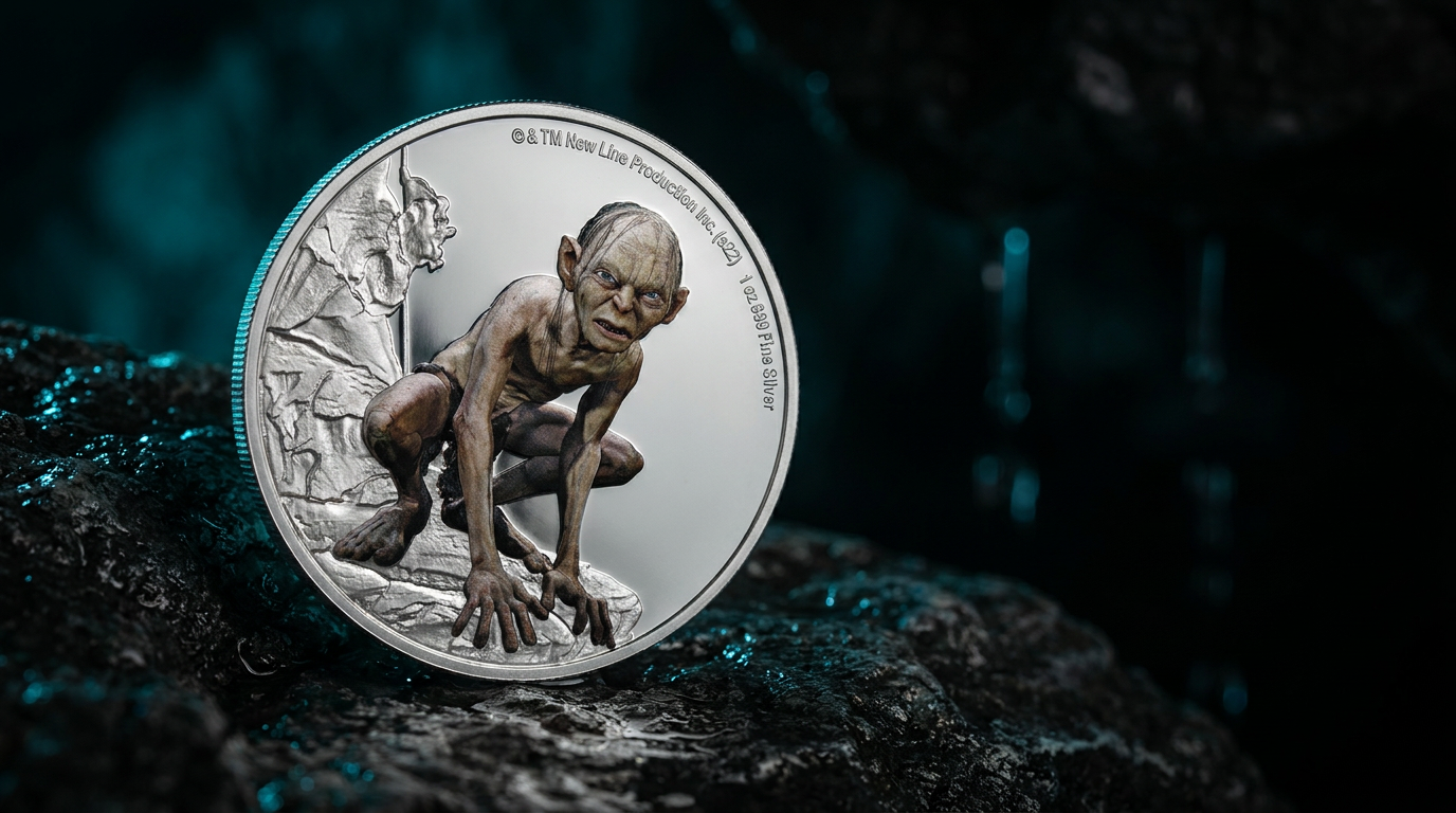 Silbermünze Herr der Ringe Gollum 2022 in Polierter Platte auf dunklem Höhlengestein im kühlen Licht