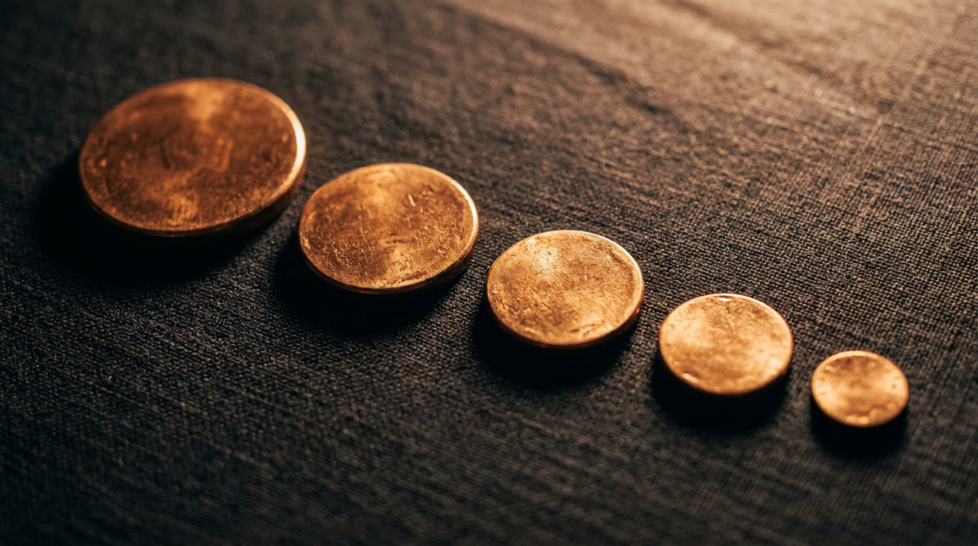 Fünf Goldmünzen in absteigender Größe nebeneinander auf dunklem Leinen