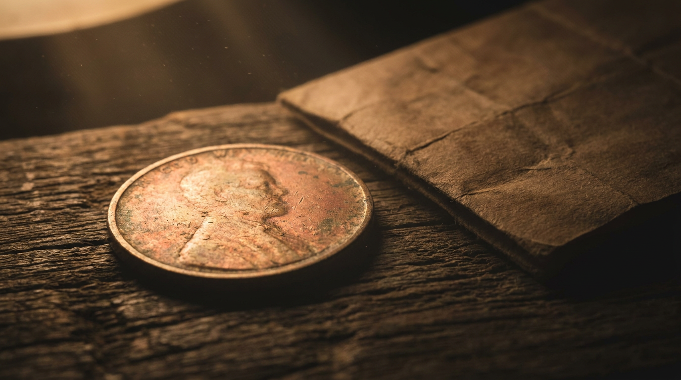 Ältere Goldmünze mit Patina auf verwittertem dunklem Holz neben einem vergilbten Dokument