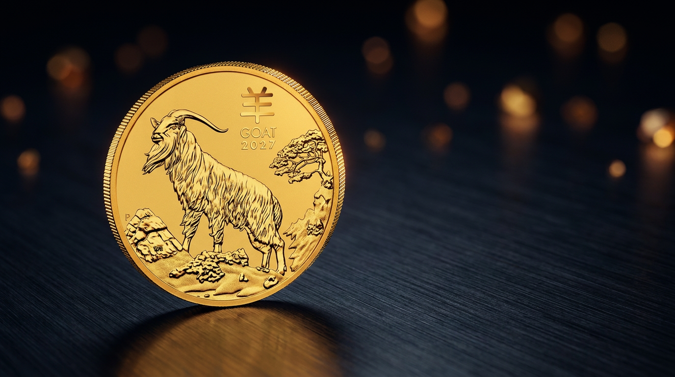 2-Unzen-Goldmünze Lunar III Ziege 2027 der Perth Mint auf dunklem Metalluntergrund