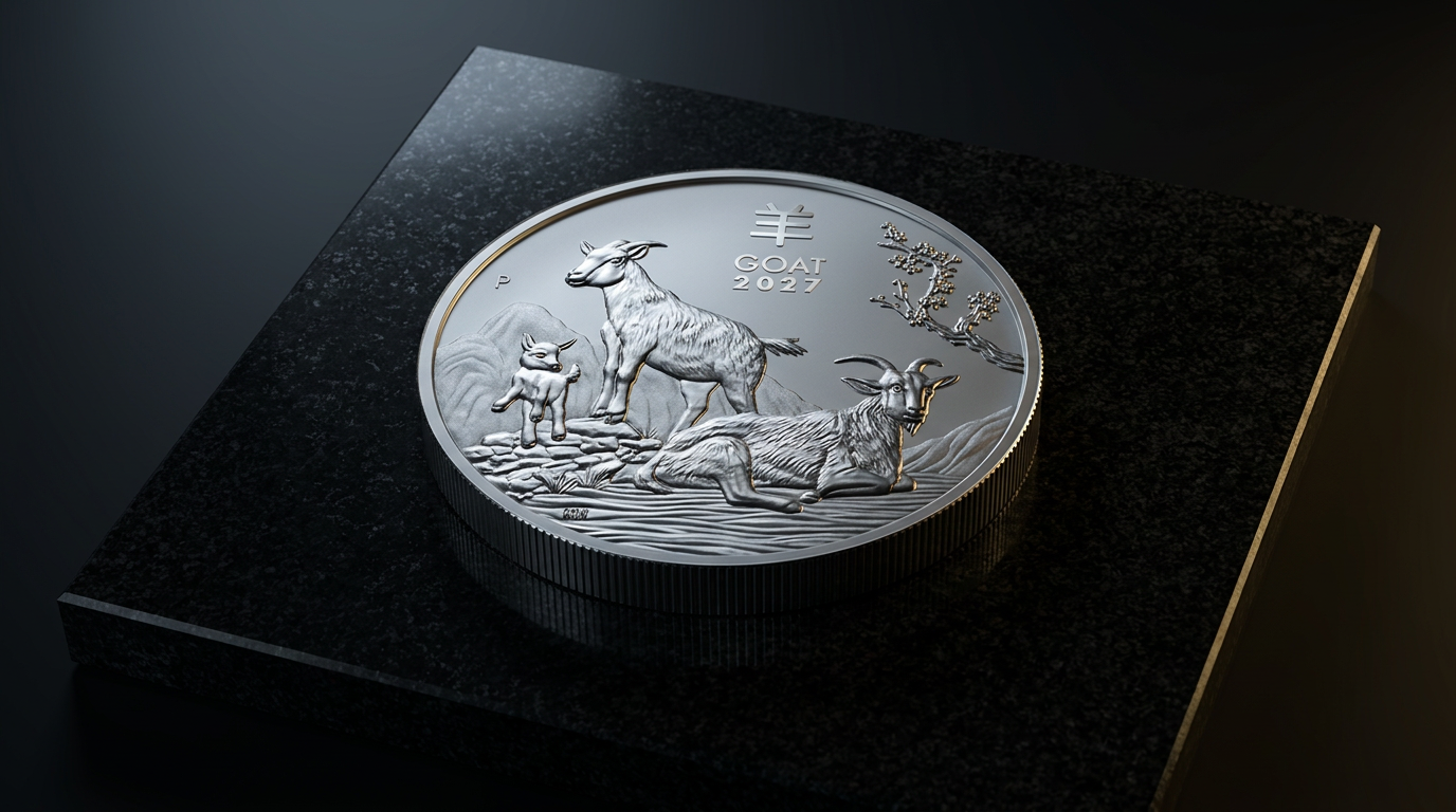 Silber-Kilomünze Lunar III Ziege 2027 der Perth Mint auf schwarzem Granit