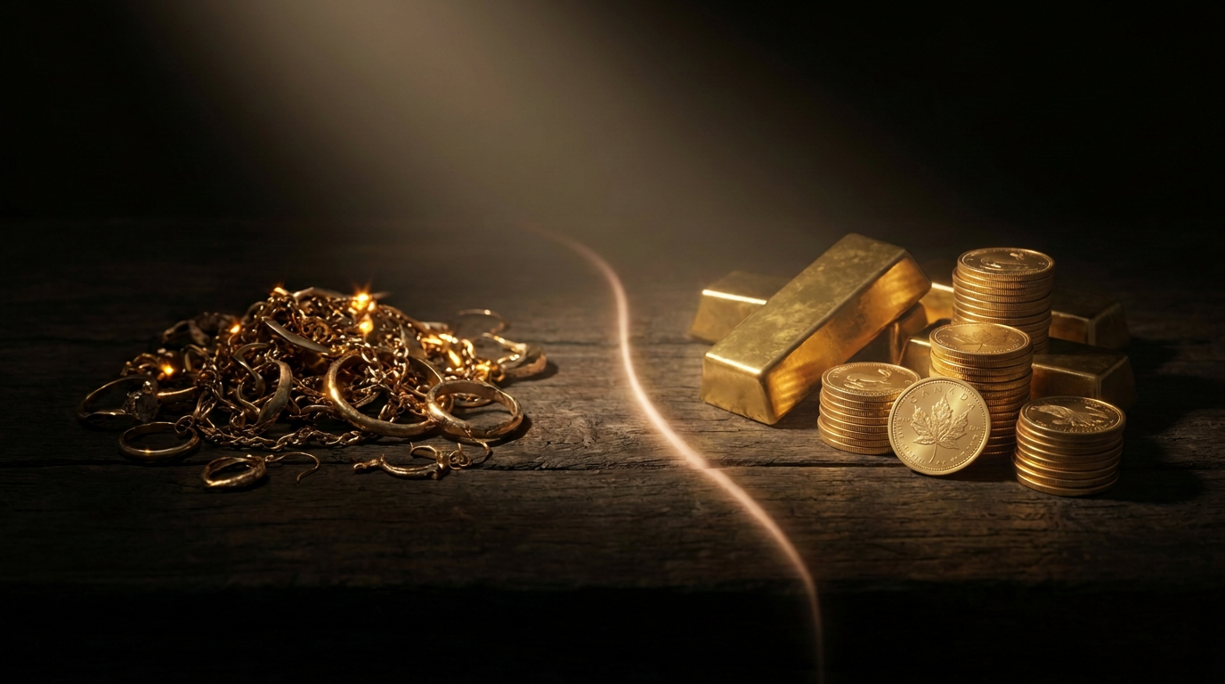 Ein Haufen Bruchgoldschmuck links, daneben gestapelte Goldbarren und geprägte Anlagemünzen