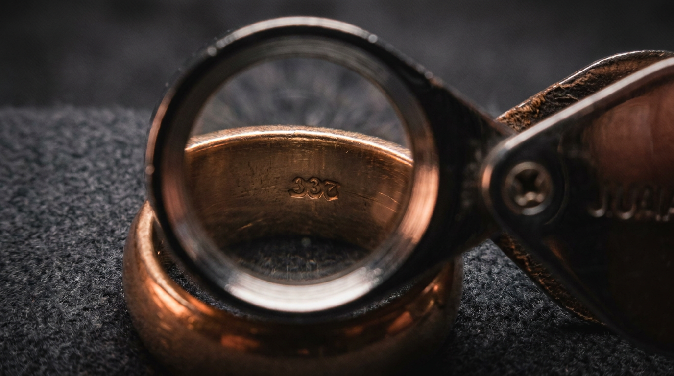 Lupe über der Innenseite eines Goldrings, in der eine kleine Feingehaltspunze sichtbar wird