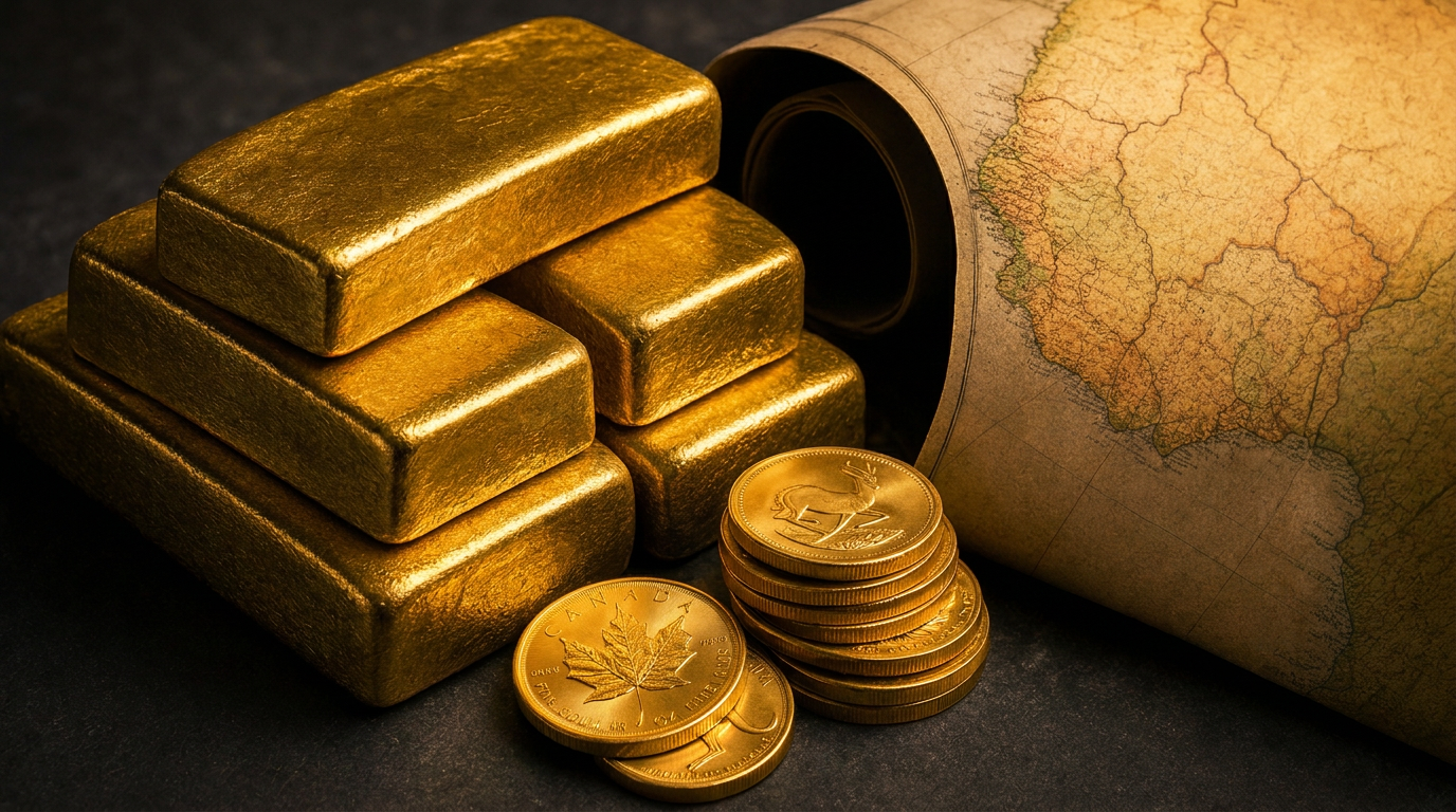 Goldbarren und geprägte Anlagemünzen neben einer Landkarte Westafrikas
