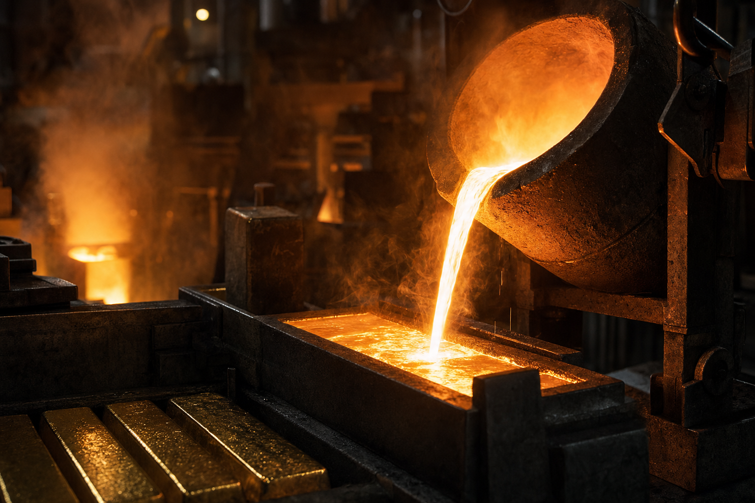 Geschmolzenes Gold wird in einer Raffinerie in eine Barrenform gegossen