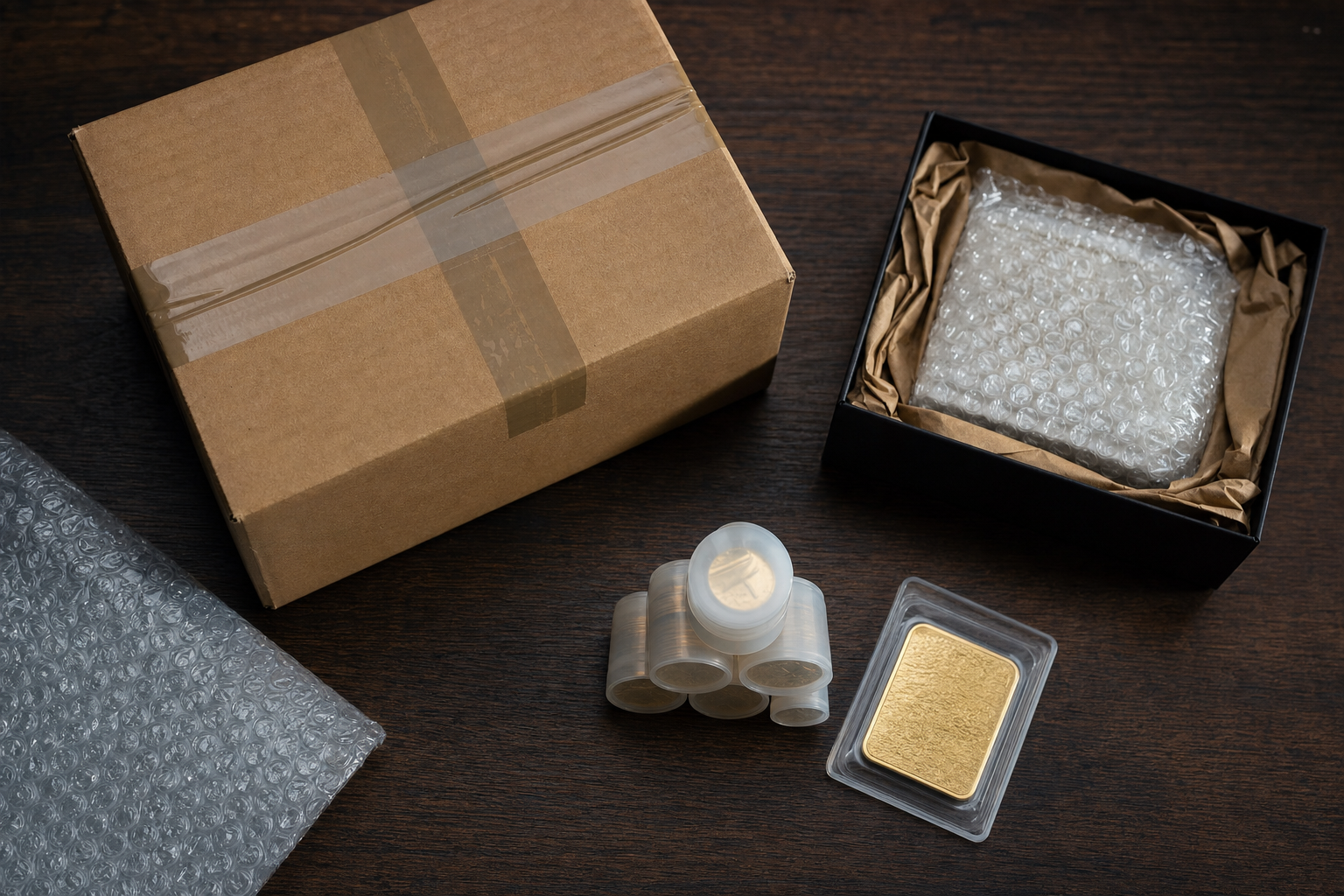 Sicher verpacktes Paket mit Münzröhren und einem Barren in Originalverpackung für den versicherten Versand