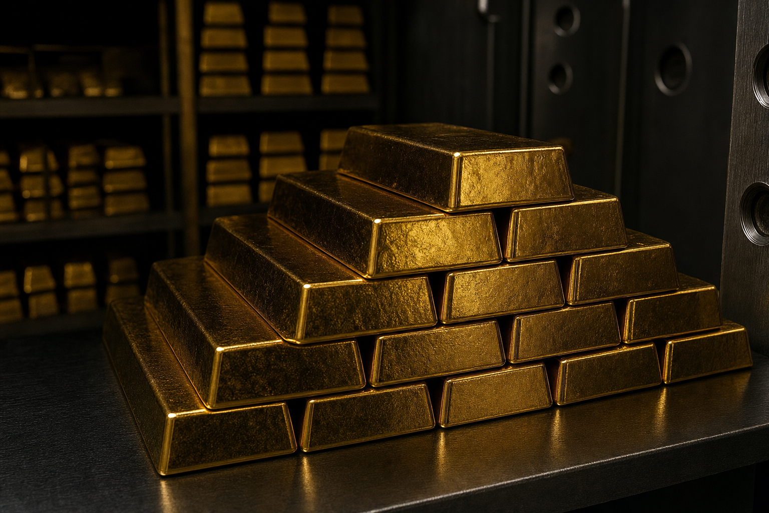 Gestapelte Goldbarren auf dunkler Metalloberfläche in einem Tresorraum