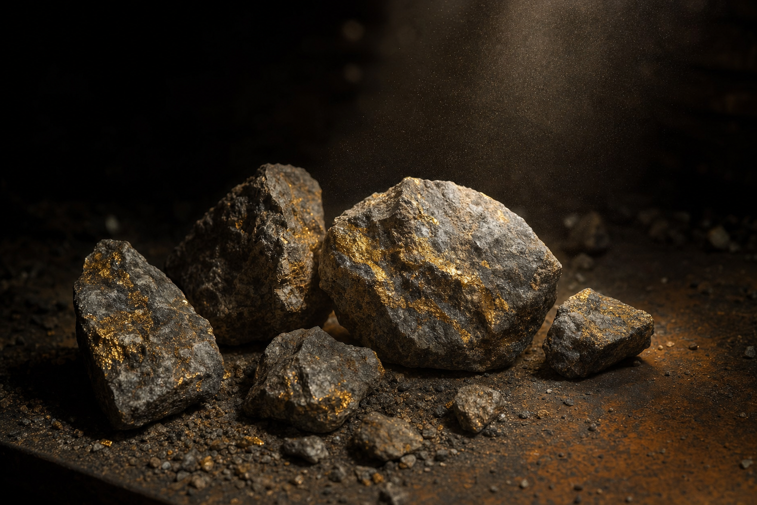 Goldhaltiges Erzgestein mit feinen goldenen Adern im Lichtstrahl